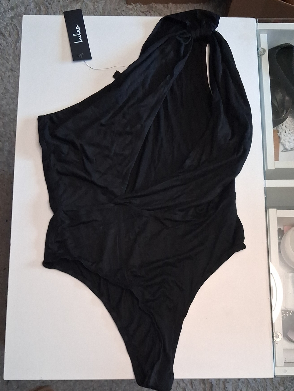 Lulu's Black One-Shoulder Bodysuit with Knot Detail